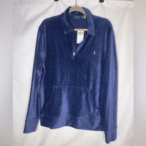Ralph Lauren Polo Velvet Sweatshirt Pullover 1/4 Zip Embroidered Logo Navy Sz L - Picture 1 of 9